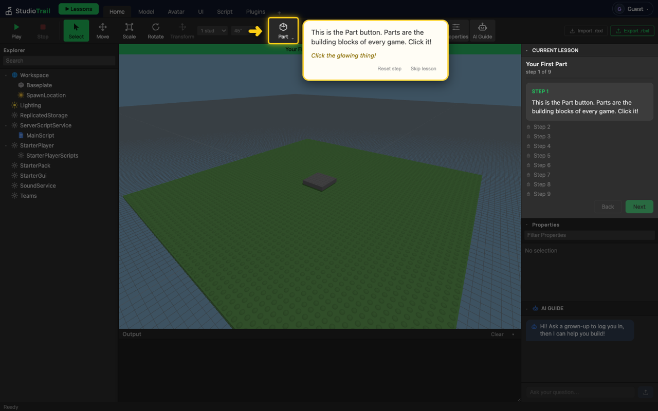 The first step of a guided lesson, pointing at the Part button